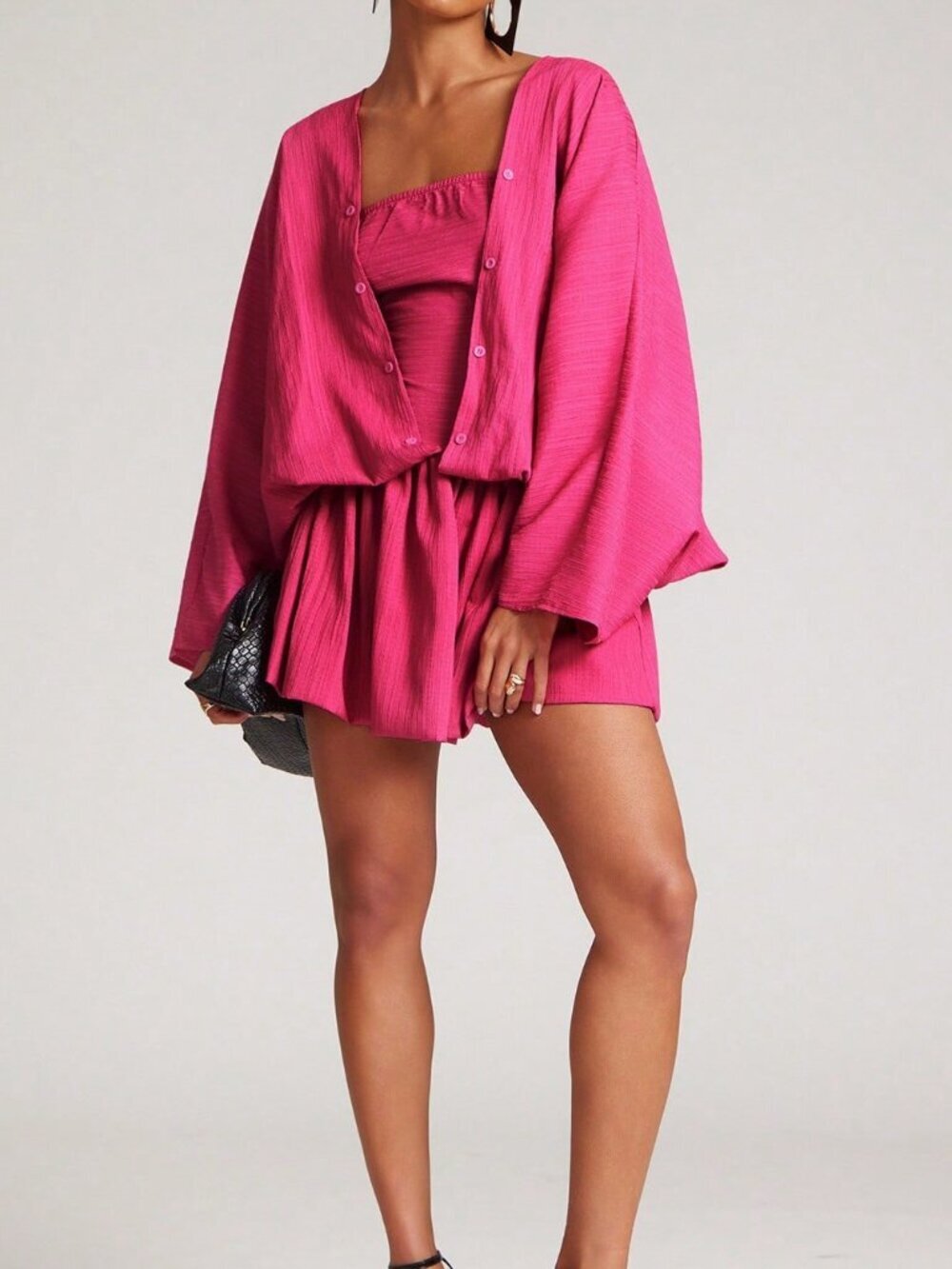 Pink Casual Women's Balloon Hem Button Front Mini Dress